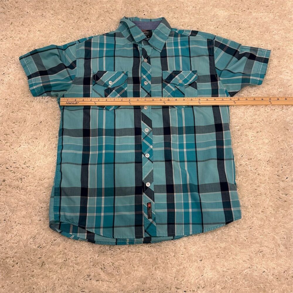 Southpole Mens Plaid Button Shirt L Blue Teal Short Sleeve Streetwear Casual - Picture 7 of 10